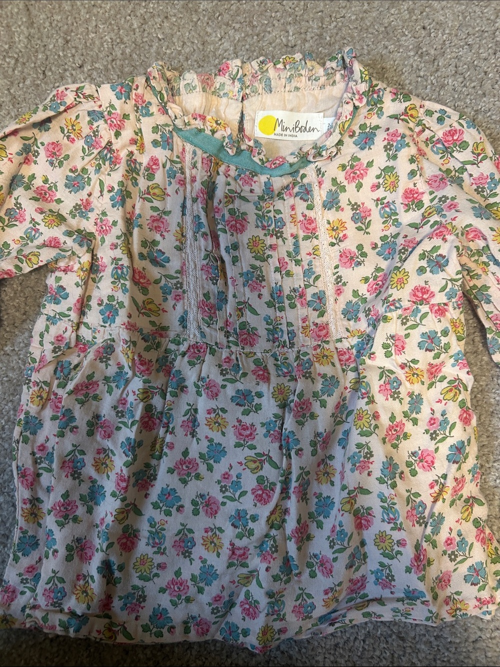 Mini Boden Cream Floral Pintuck Blouse with Pink and Blue Flowers